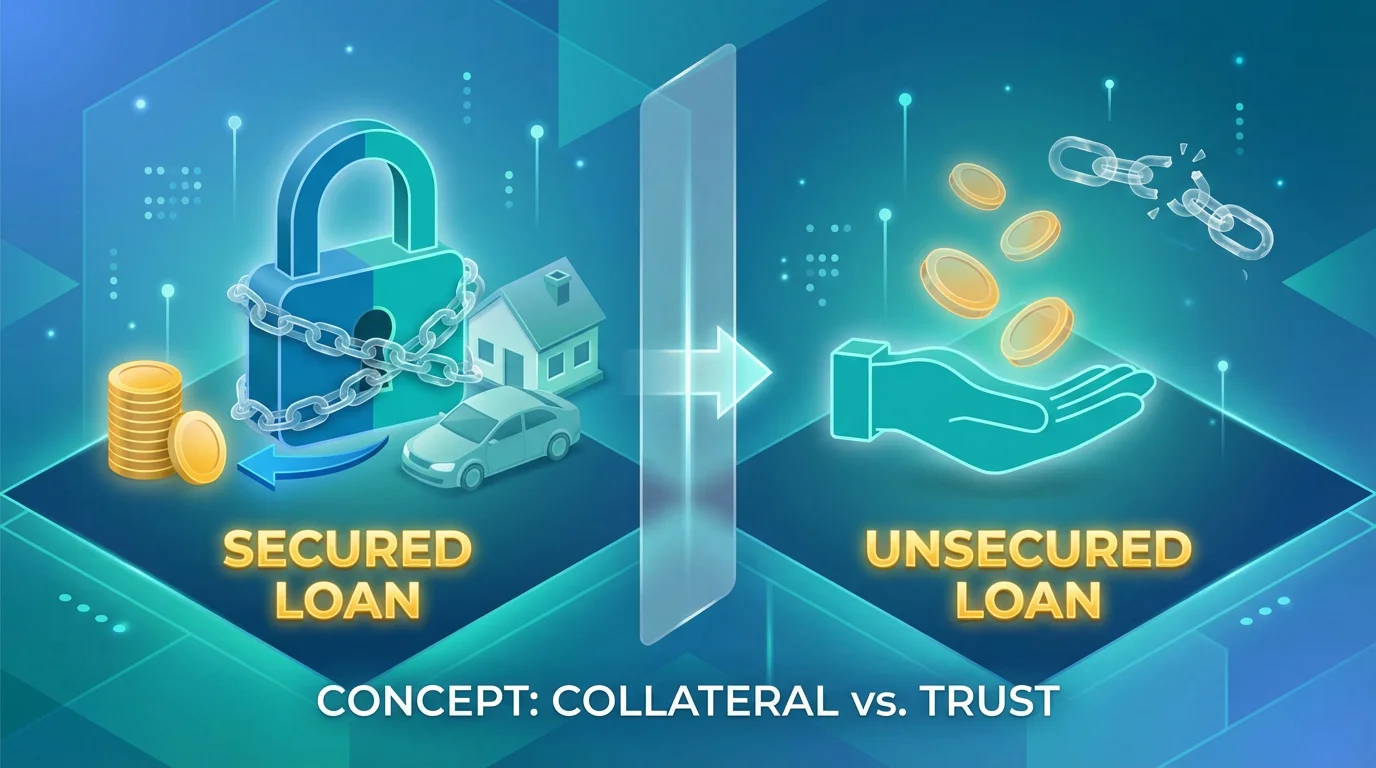 Secured loan vs unsecured loan illustration showing collateral with a house and car on one side and an unsecured cash loan on the other.
